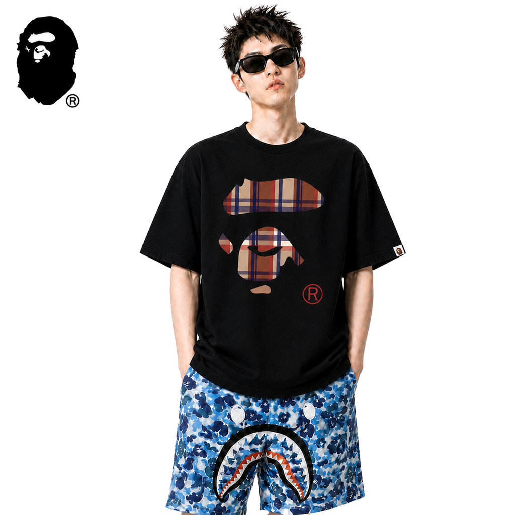 BAPE Plaid Split Ape Face Men's T-Shirt - Black - Black streetwear model on pure white background