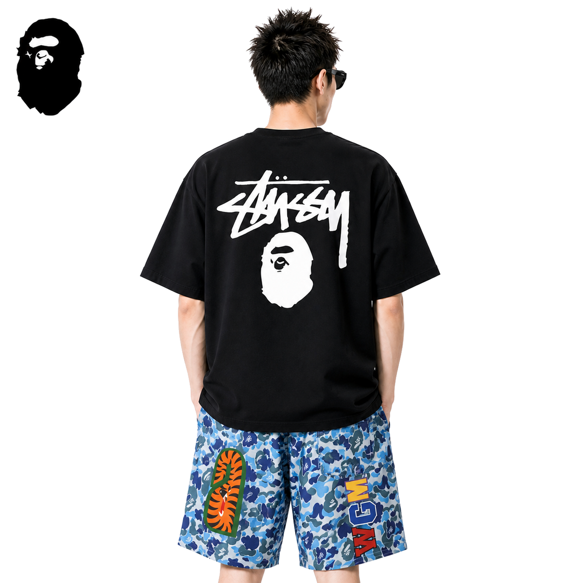 BAPE x Stussy Back Logo Men's T-Shirt - Black - Black streetwear model on pure white background