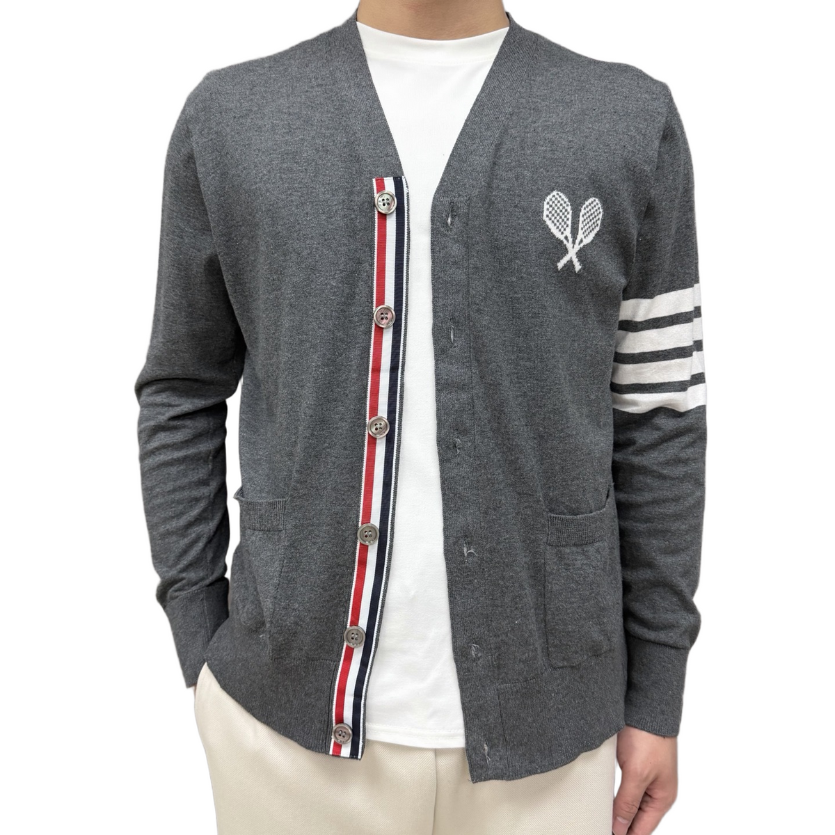Tennis Racket Jacquard V-Neck Knit Cardigan by Thom Browne, knitwear detail view