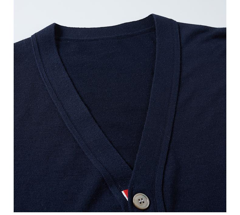 Unisex V-neck thin cardigan by Thom Browne, knitwear detail view