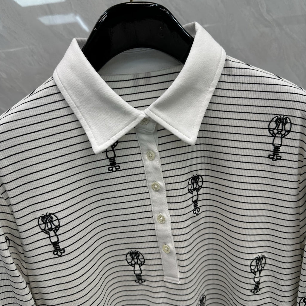 Thom Browne Style Balloon-Embroidered Striped Long-Sleeve Polo