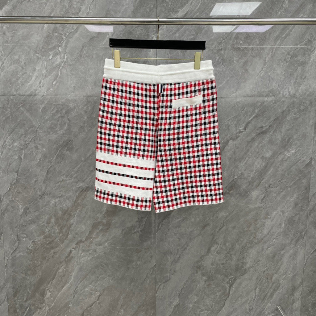 Thom Browne Style Men's Cotton Casual Shorts - Signature Four-Bar Detail Lattice Pattern - Image 4