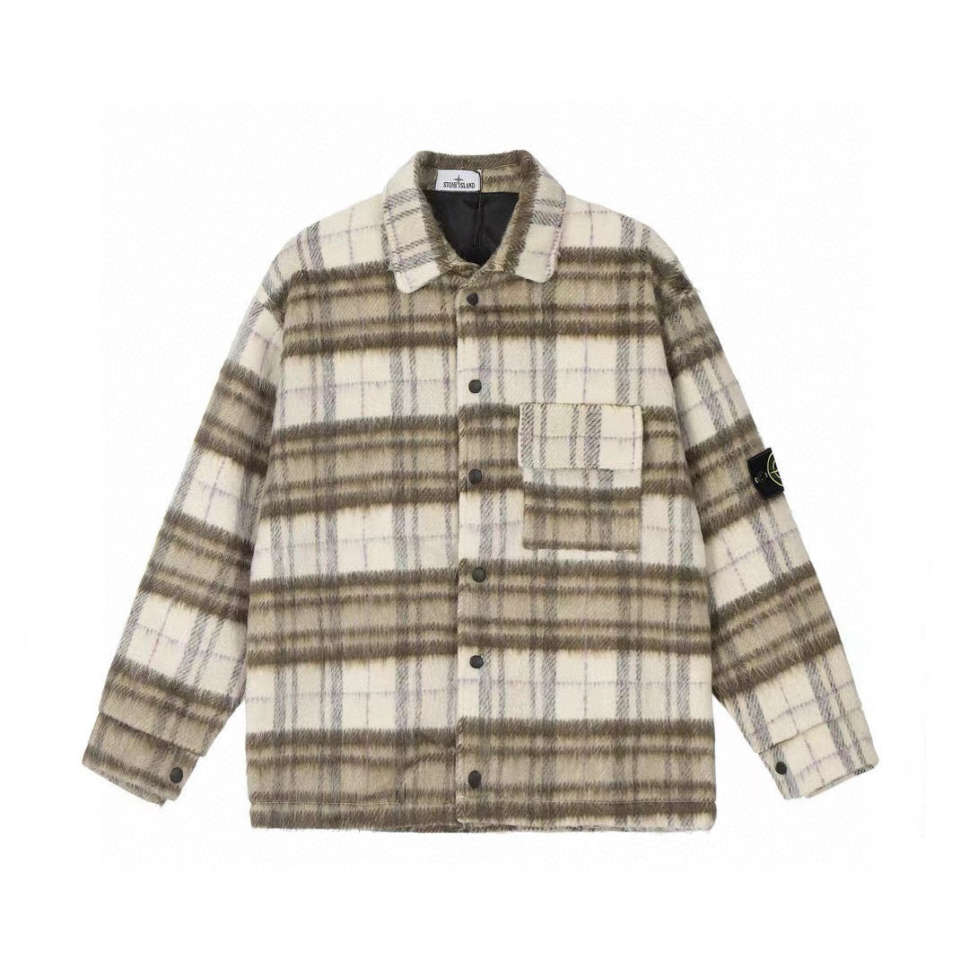 Stone Island Plaid Wool-Blend Compass Badge Lapel Coat - Blue product detail view