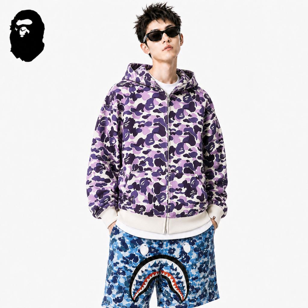 BAPE Purple Camo Shark Hoodie styled on a male model