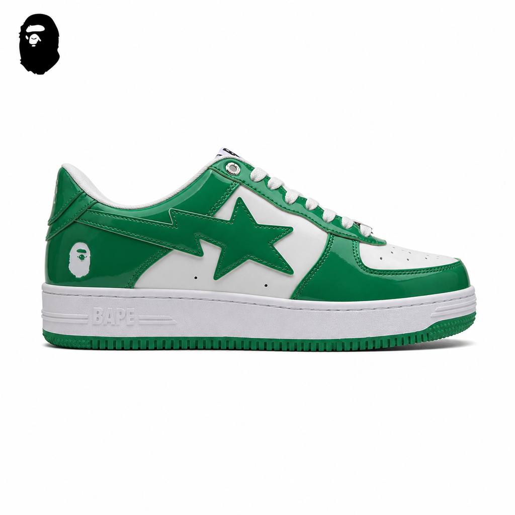 BAPE STA Tokyo Low-Top Sneakers - Green/White, single side view on a white background