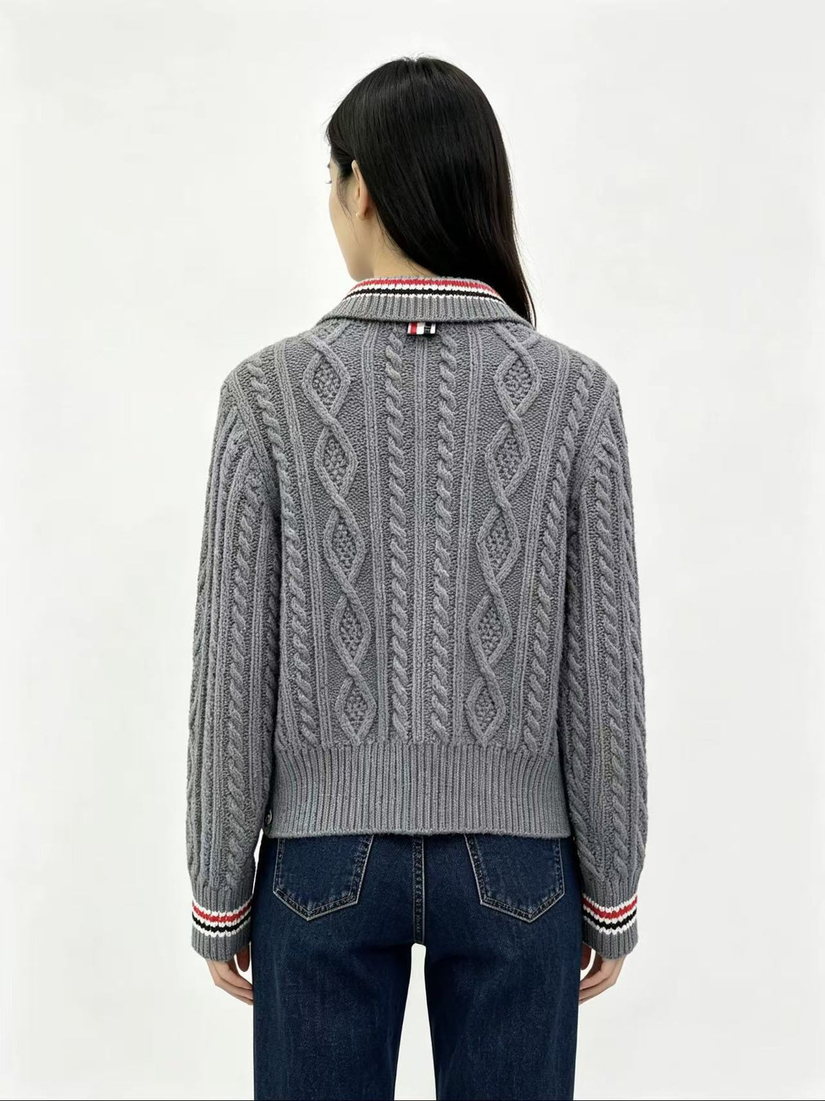 Thom Browne Style Gray Cable-Knit Collared Cardigan