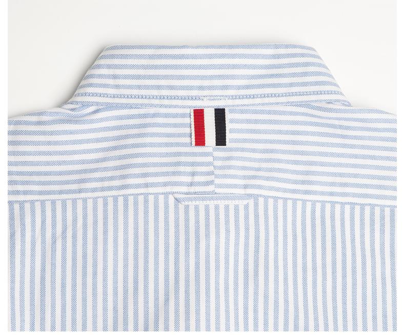 Men's Striped Long-Sleeve Shirt — Classic Button Collar by Thom Browne, shirt detail view