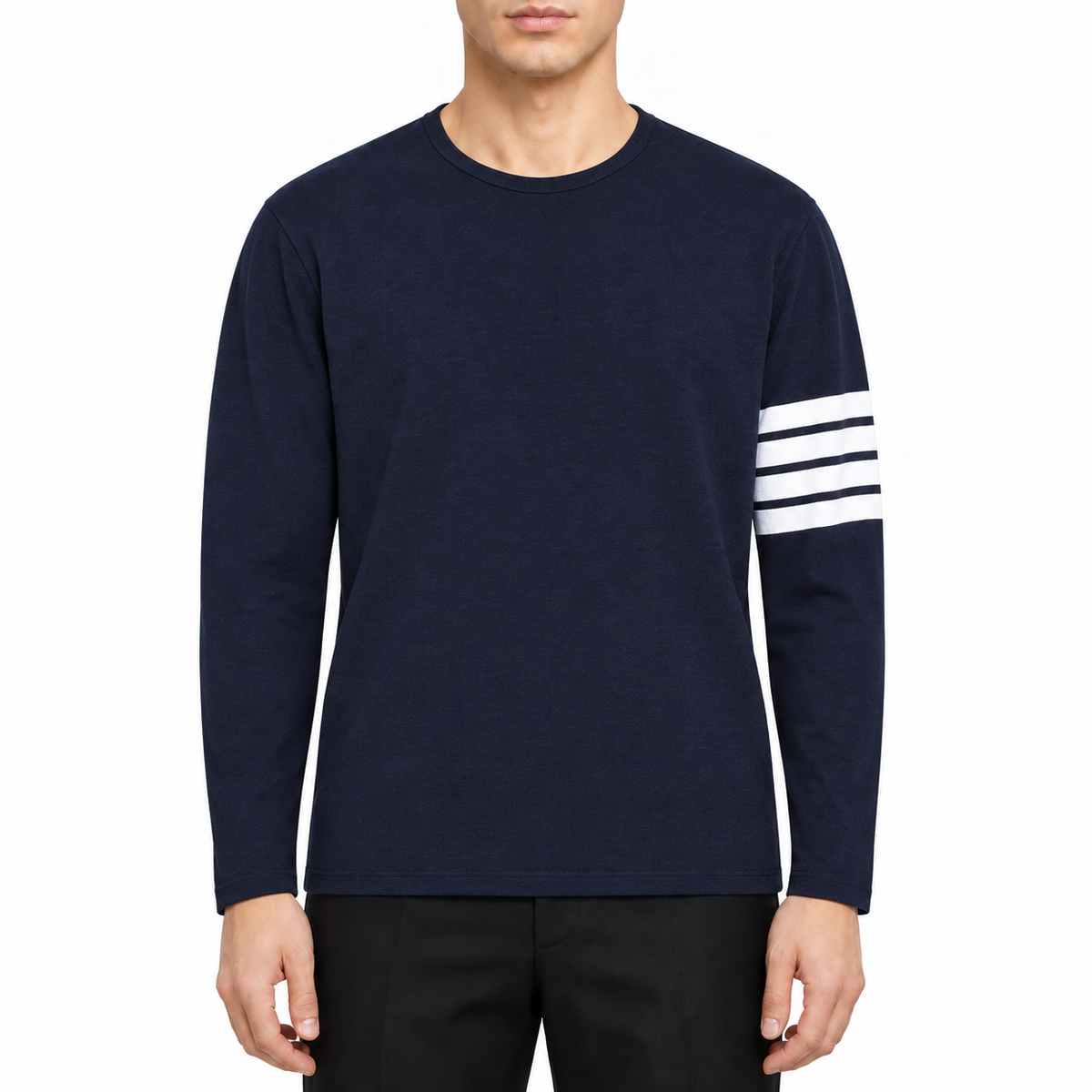 Long-sleeved T-shirt by Thom Browne, modeled on a pure white background