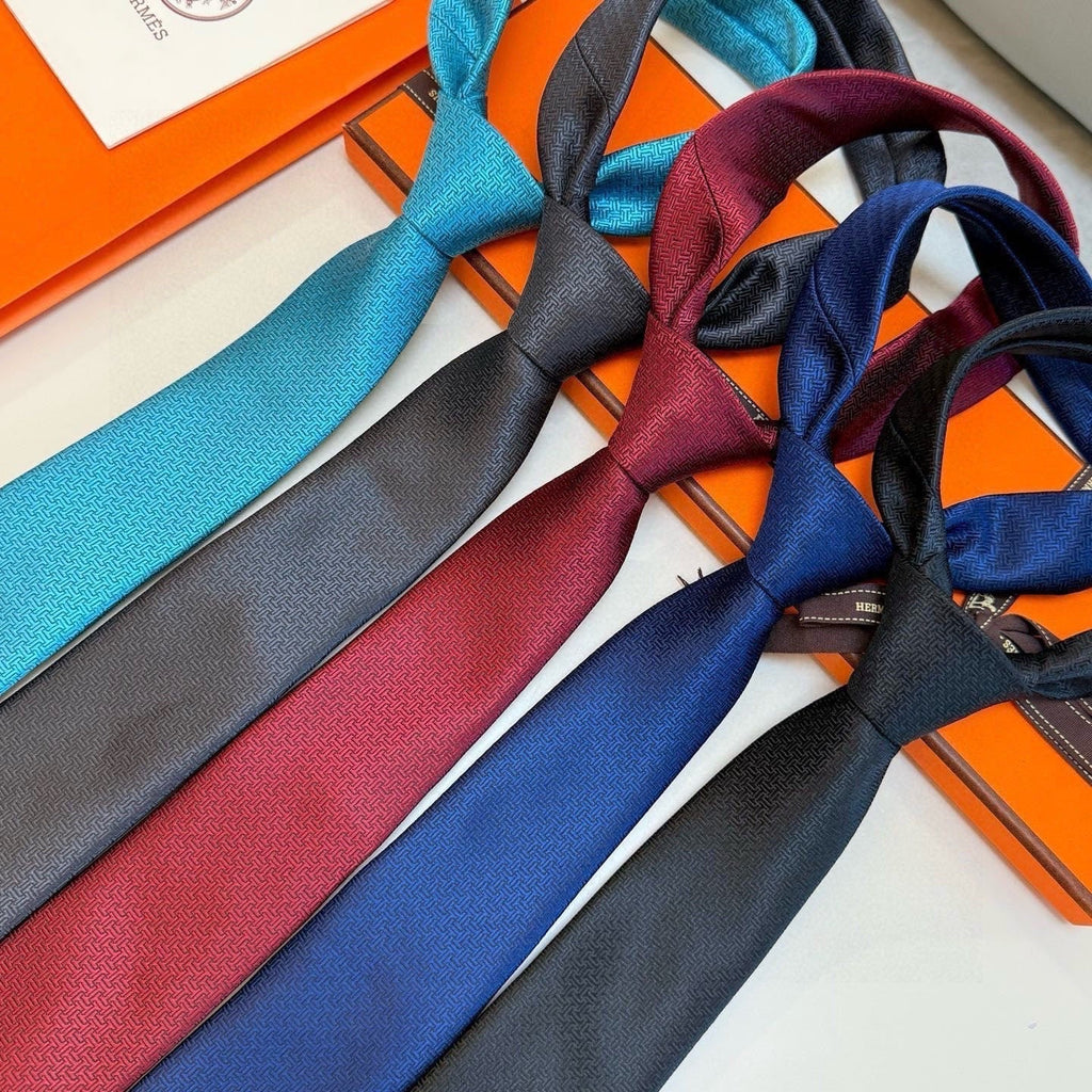 Hermès Style Men's H Logo Textured Silk Tie - Detail Image 4