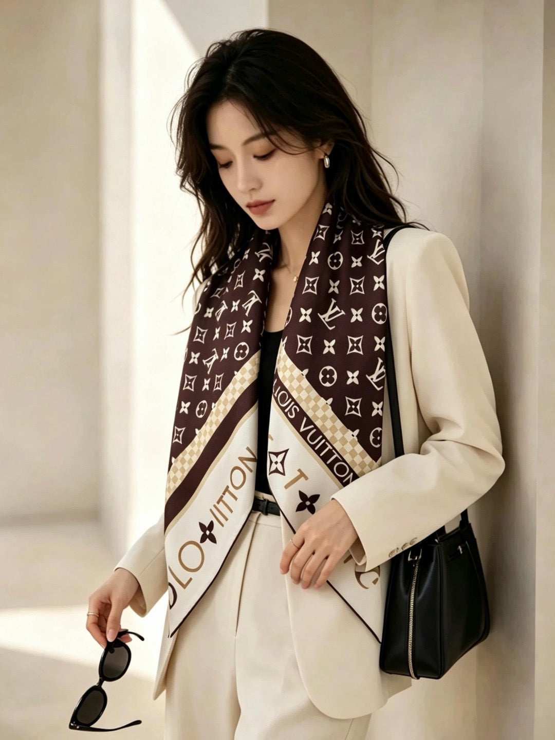 Louis Vuitton Style Monogram Silhouette Double-Sided Silk Scarf - Brown - Model Worn Main Image