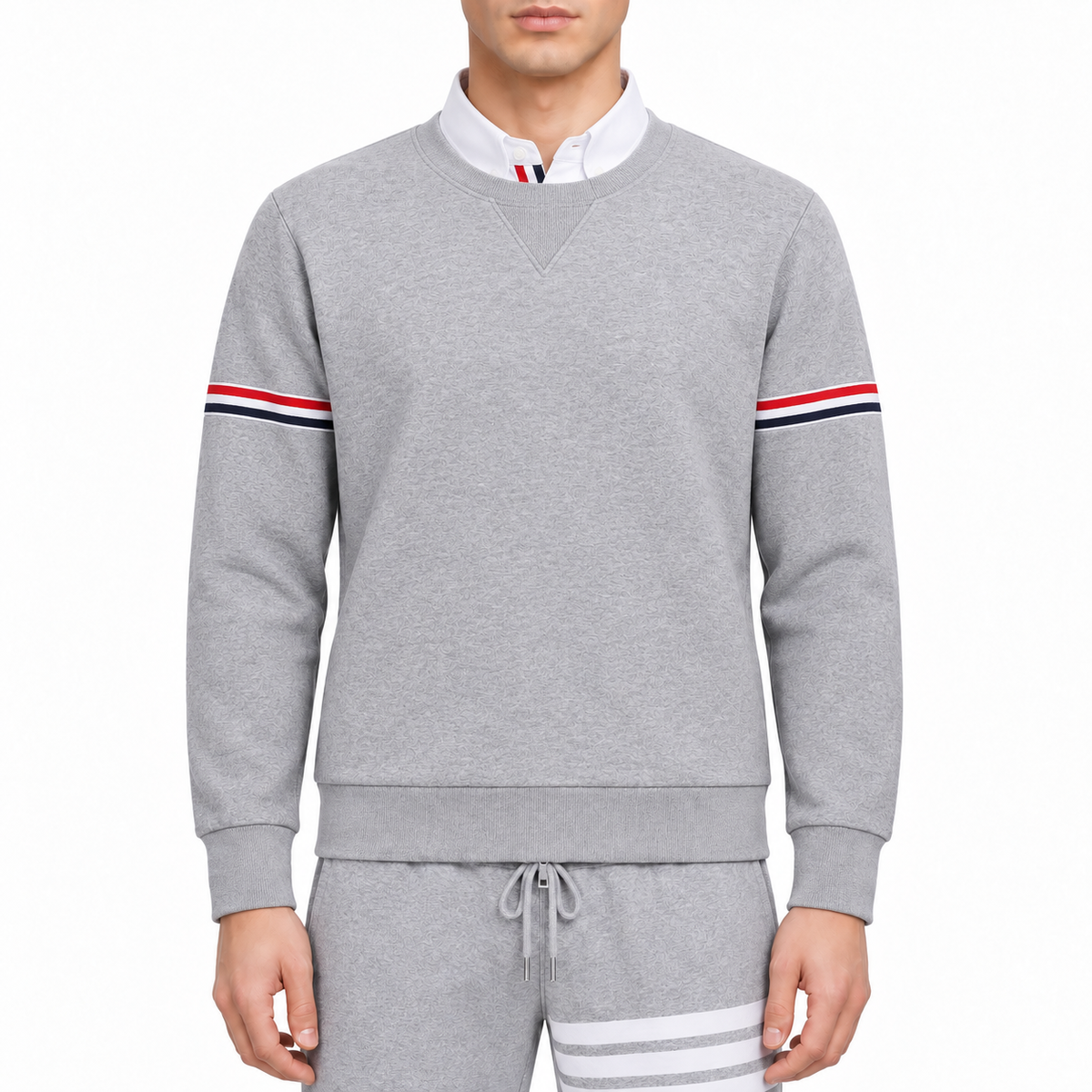 Classic Four-Bar Sports Sweatshirt - 100% Cotton Made in Japan by Thom Browne, modeled on a pure white background