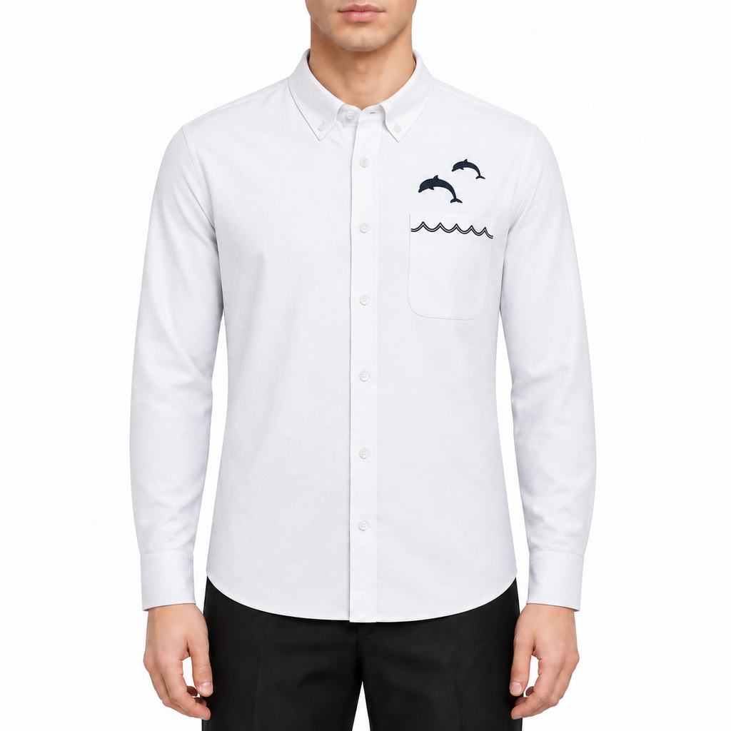 Men's Dolphin shirt by Thom Browne, modeled on a pure white background