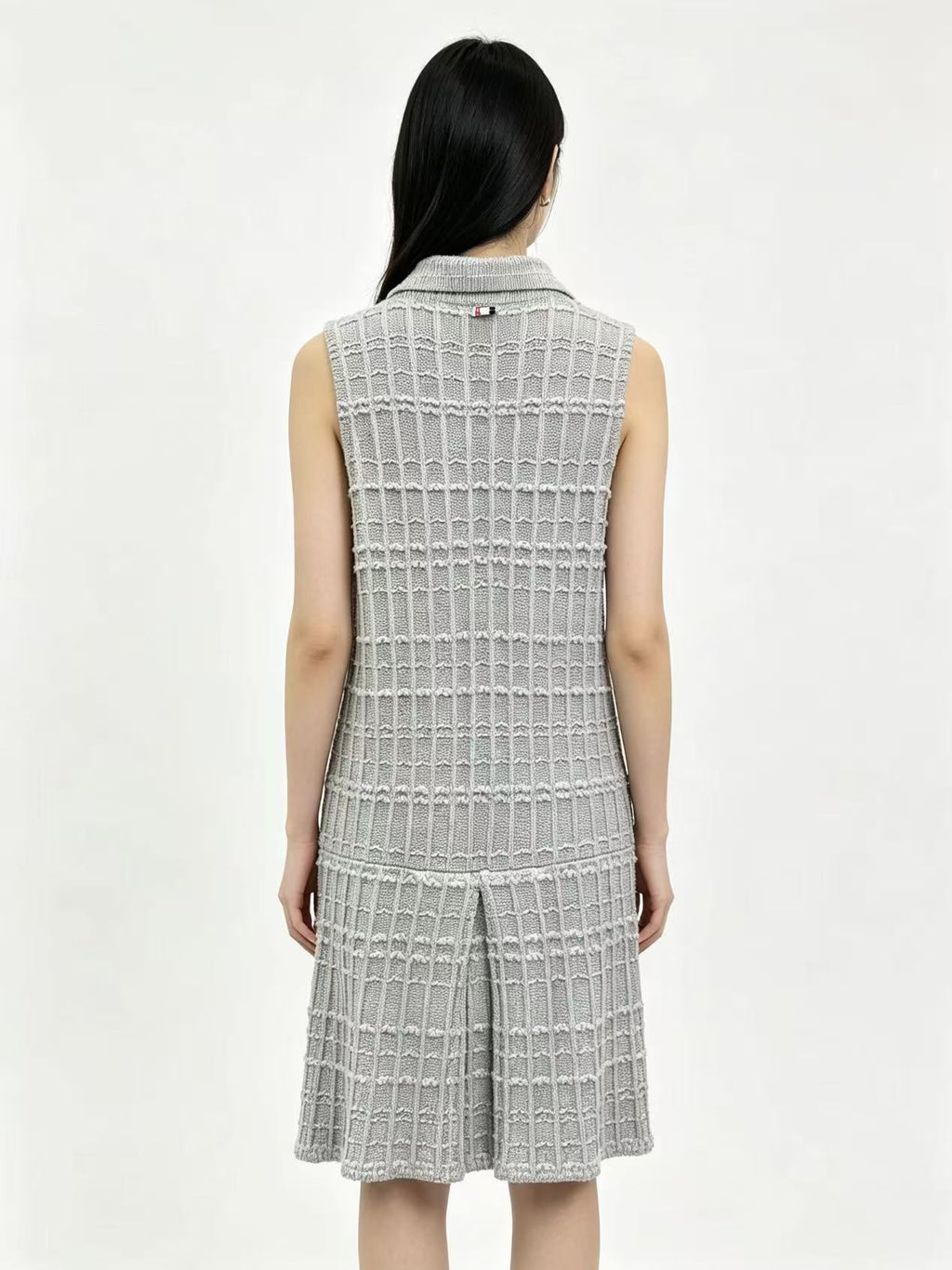 Thom Browne Style Gray Tweed Jacquard Sleeveless Polo Dress