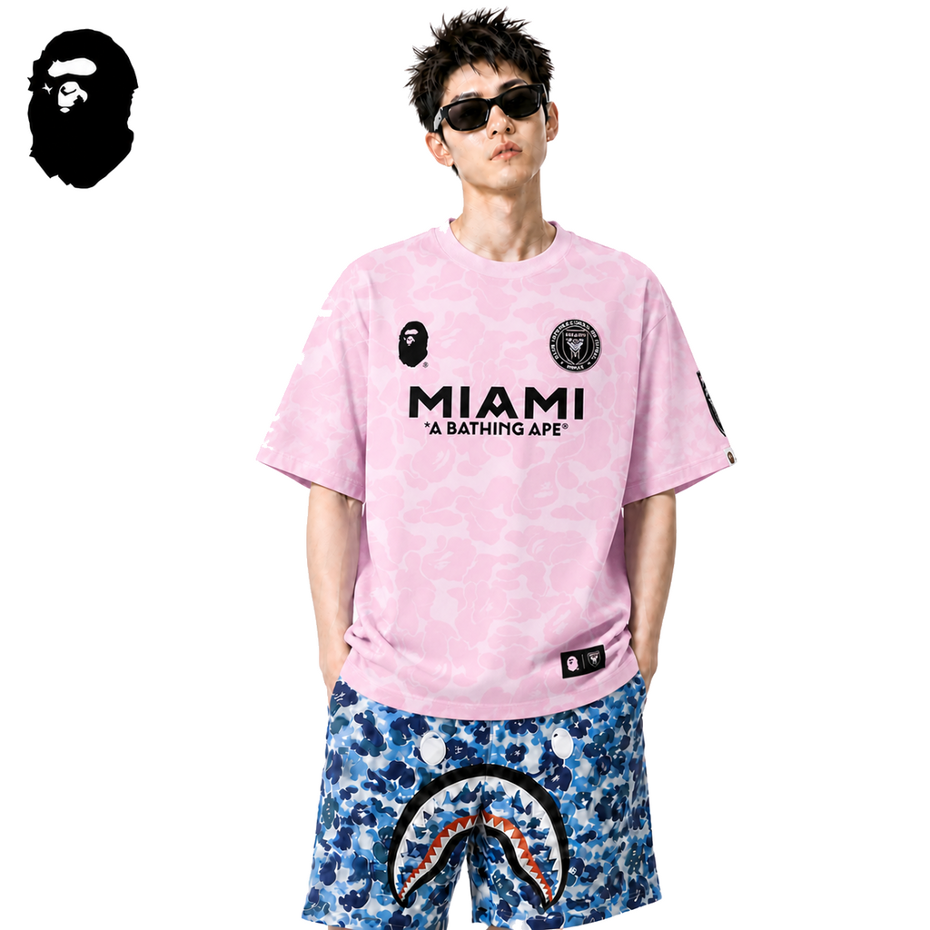BAPE Miami Camo Men's Sports T-Shirt - Pink - Pink streetwear model on pure white background