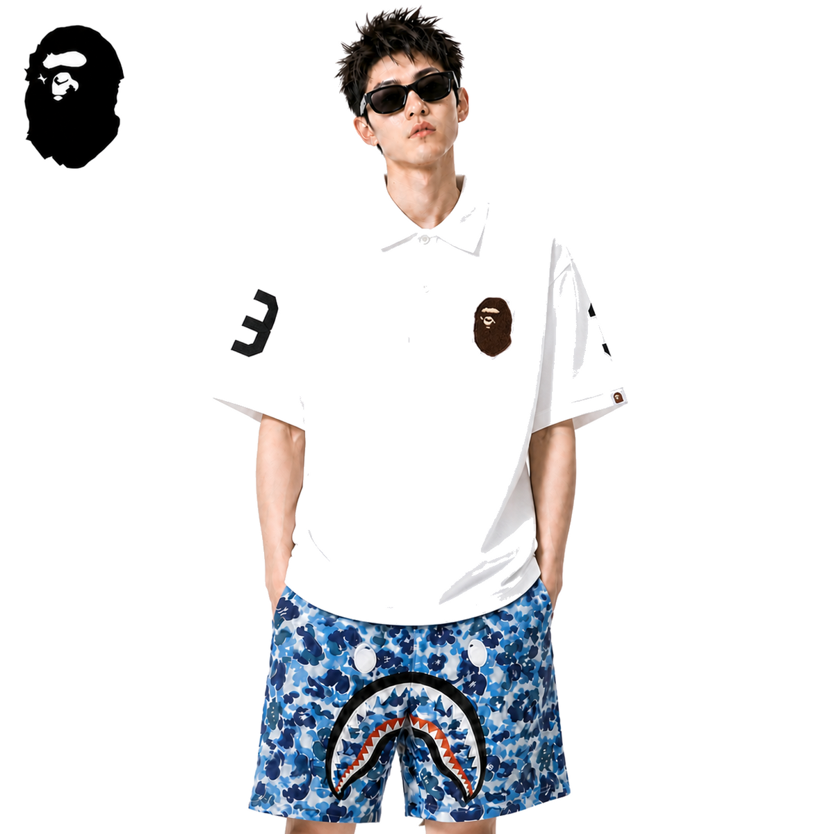 BAPE Embroidered Ape Head Men's Polo Shirt - White - White streetwear model on pure white background