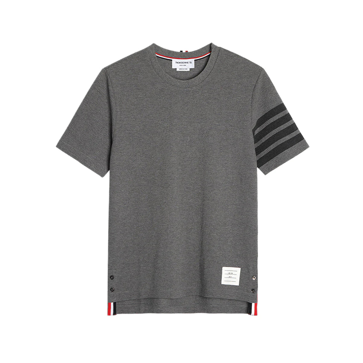 Men's Classic Four-Bar T-Shirt — Grey & Blue by Thom Browne, product detail view