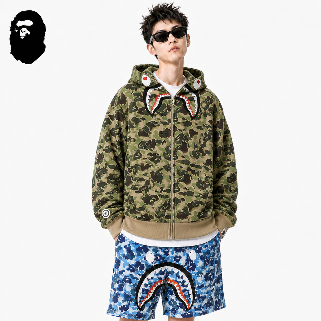 BAPE ABC Camo Shark Hoodie - Green & Grey styled on a male model