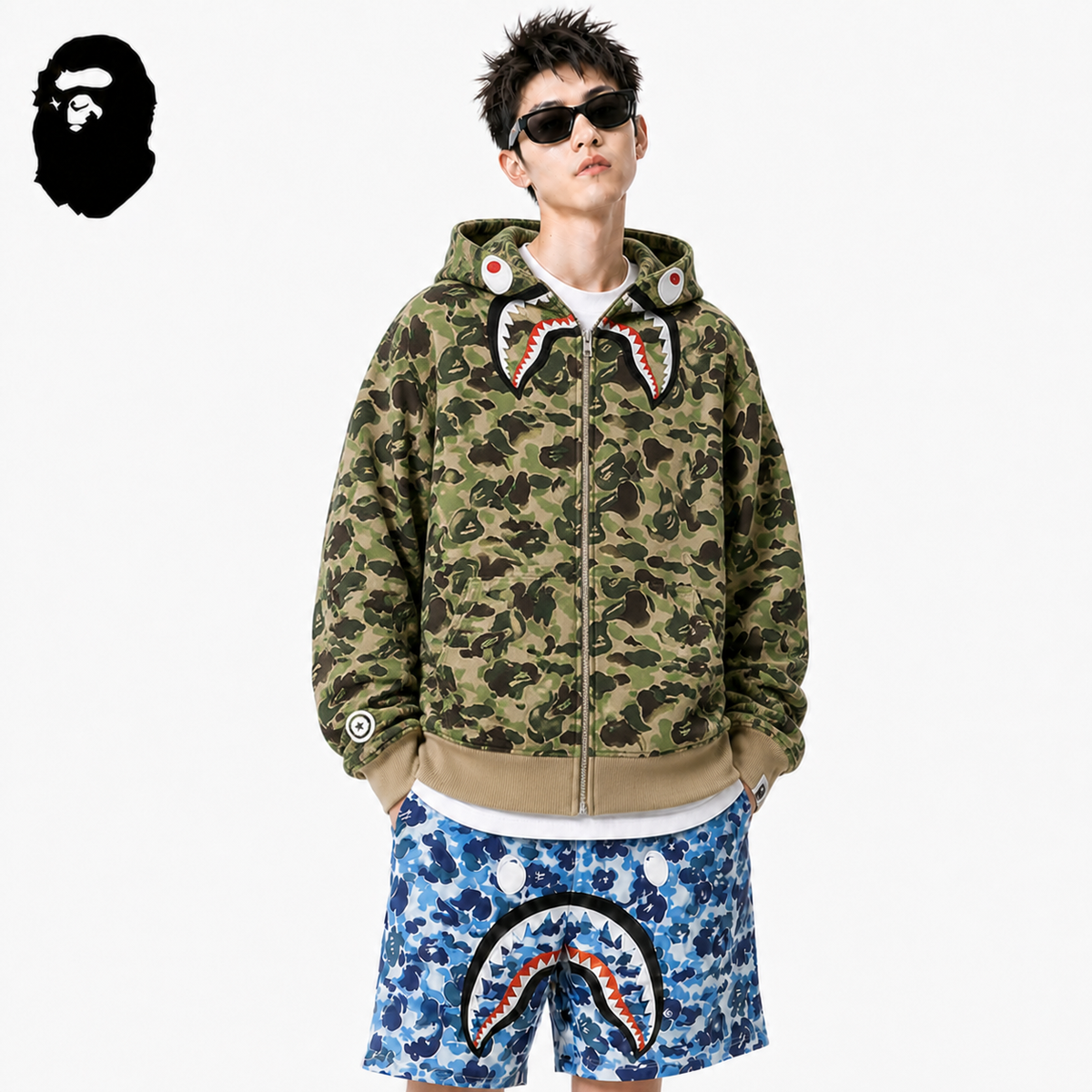 BAPE ABC Camo Shark Hoodie - Green & Grey styled on a male model