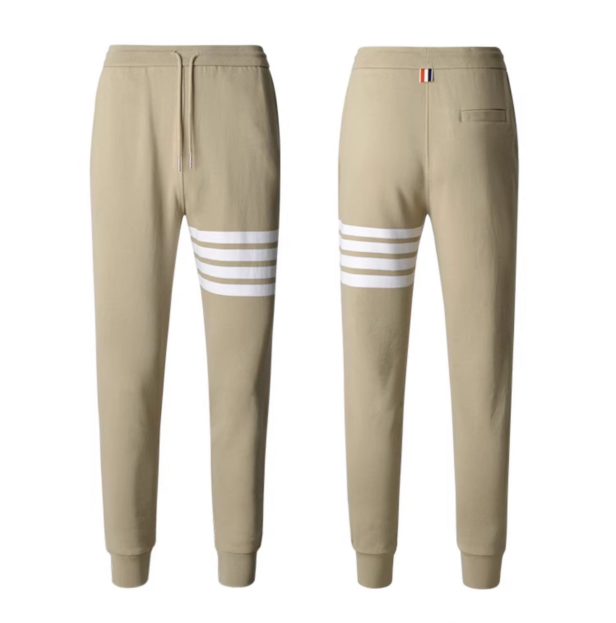 Thom Browne Style Men's Casual Sweatpants - Cotton Signature Four-Bar Detail - Image 2