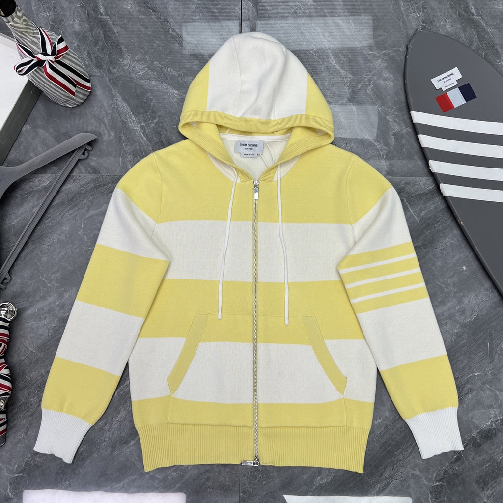 Thom Browne Style Striped Dog-Motif Zip-Up Knit Hoodie