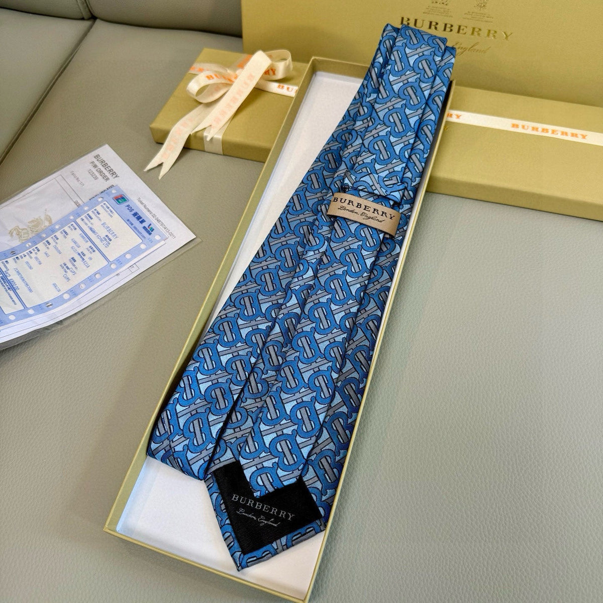 Burberry Style Men's Monogram Pattern Silk Tie - Detail Image 4
