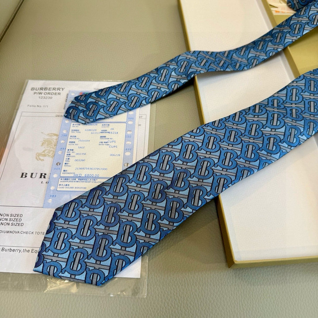 Burberry Style Men's Monogram Pattern Silk Tie - Detail Image 5