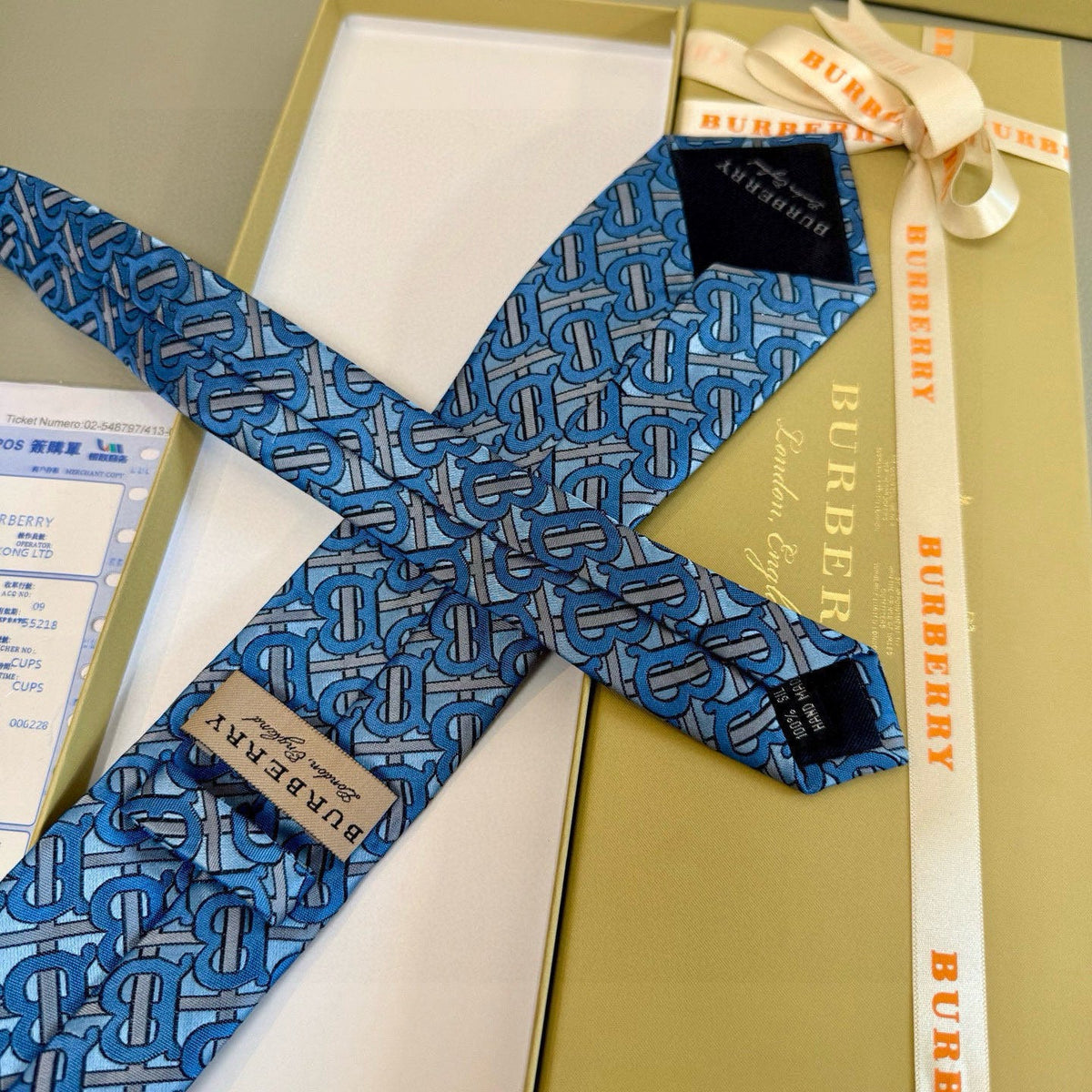 Burberry Style Men's Monogram Pattern Silk Tie - Detail Image 6