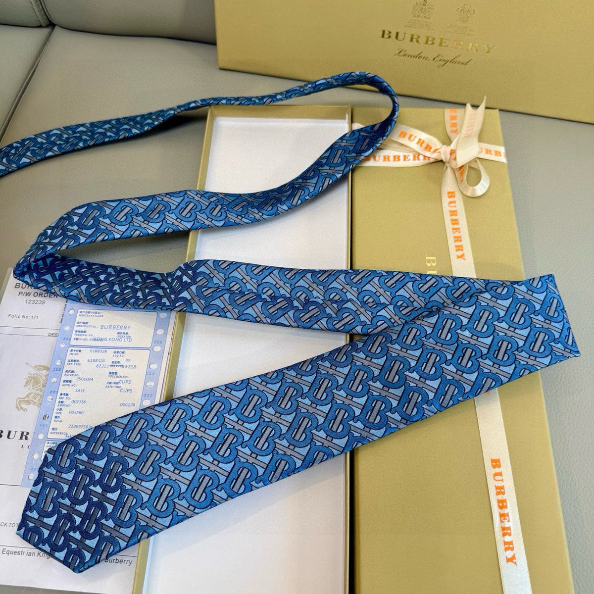 Burberry Style Men's Monogram Pattern Silk Tie - Detail Image 7