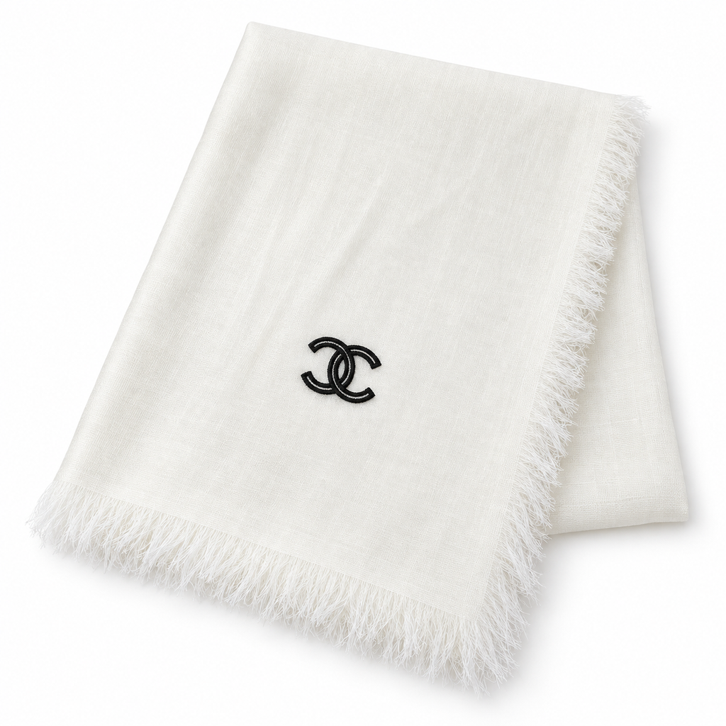 Chanel Style Lightweight Embroidered Logo Scarf in Ivory