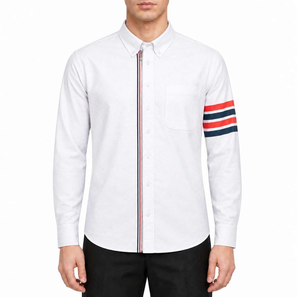 Men's Solid shirt by Thom Browne, modeled on a pure white background