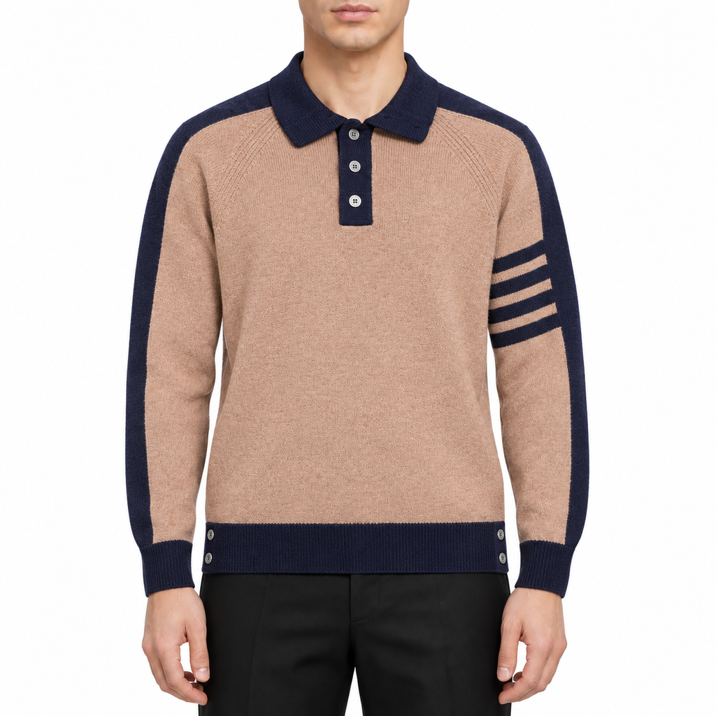 Unisex sweater by Thom Browne, modeled on a pure white background