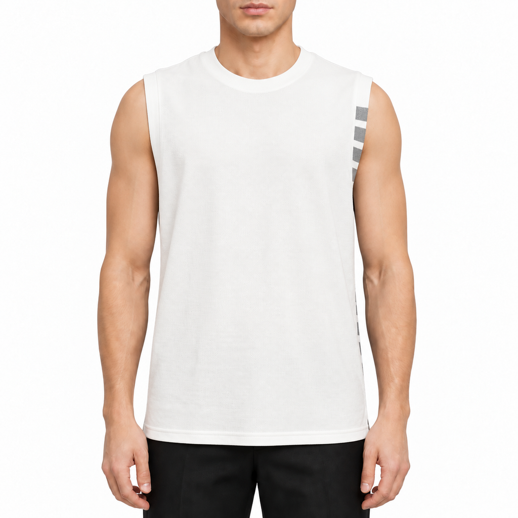 sleeveless T-shirt by Thom Browne, modeled on a pure white background