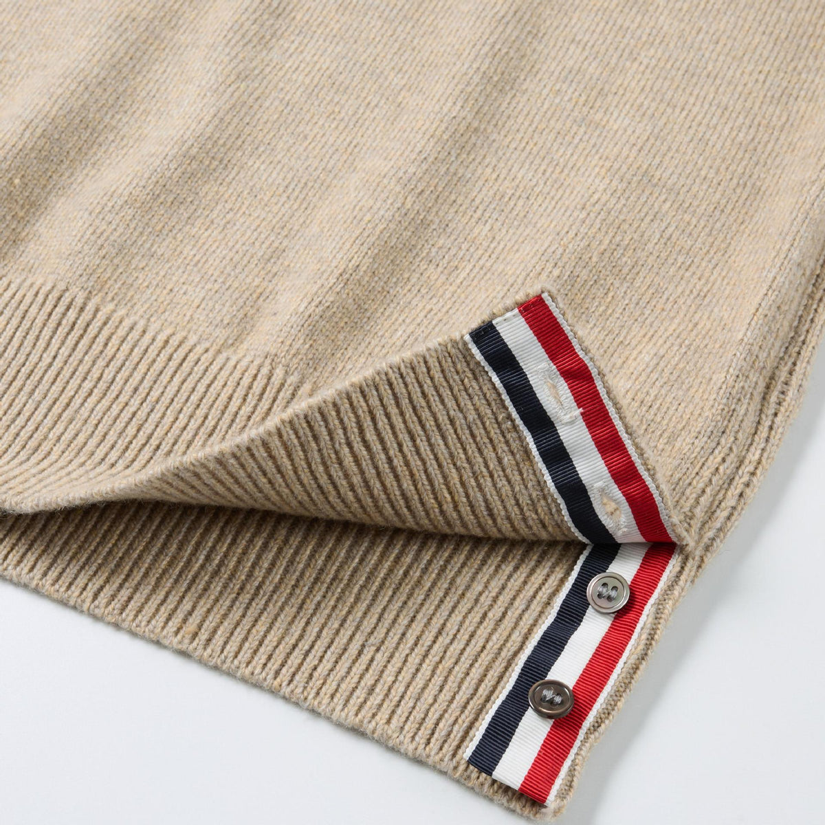 4 - Bar Cotton V - Neck Cardigan - Premium Khaki Knit Sweater by Thom Browne, knitwear detail view