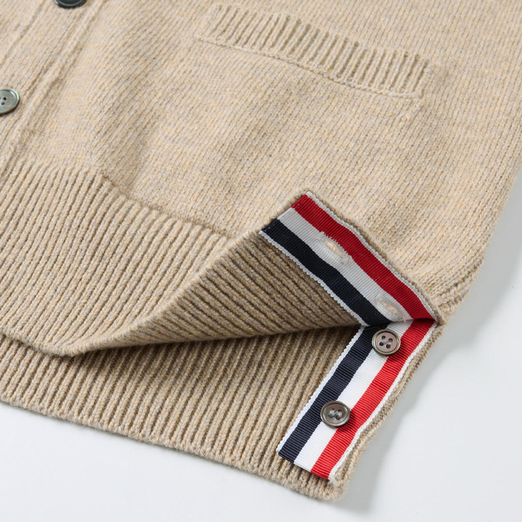 4 - Bar Premium Cotton V - Neck Cardigan - Classic Khaki Knit by Thom Browne, knitwear detail view