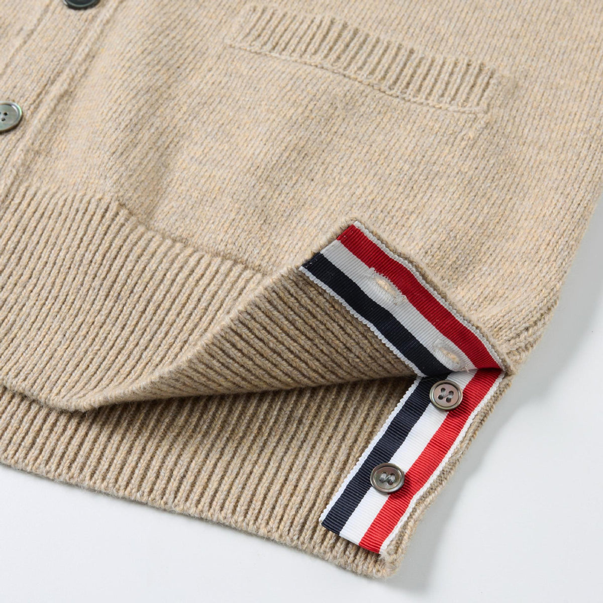 4 - Bar Premium Cotton V - Neck Cardigan - Classic Khaki Knit by Thom Browne, knitwear detail view