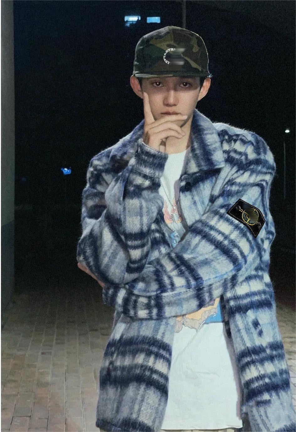 Stone Island Plaid Wool-Blend Compass Badge Lapel Coat product detail view