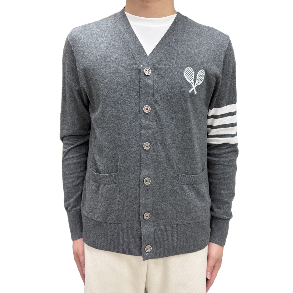 Tennis Racket Jacquard V-Neck Knit Cardigan by Thom Browne, knitwear detail view