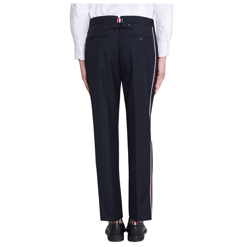 Thom Browne Style Men's Casual Trousers - 100% Wool with Adjustable Backstrap with Signature Four-Bar... - Image 5