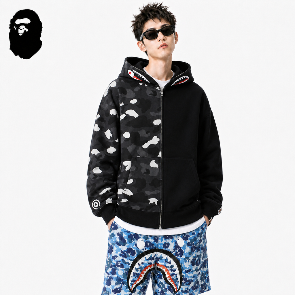 BAPE Fluorescent Split Camo Shark Zip Hoodie styled on a male model