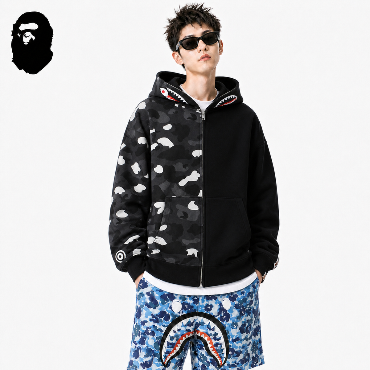 BAPE Fluorescent Split Camo Shark Zip Hoodie styled on a male model