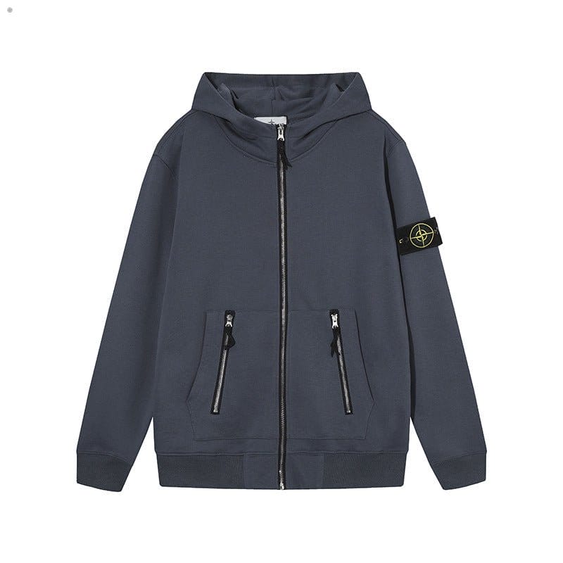 Stone Island Compass Badge Zip-Up Fleece Hoodie - Blue front view
