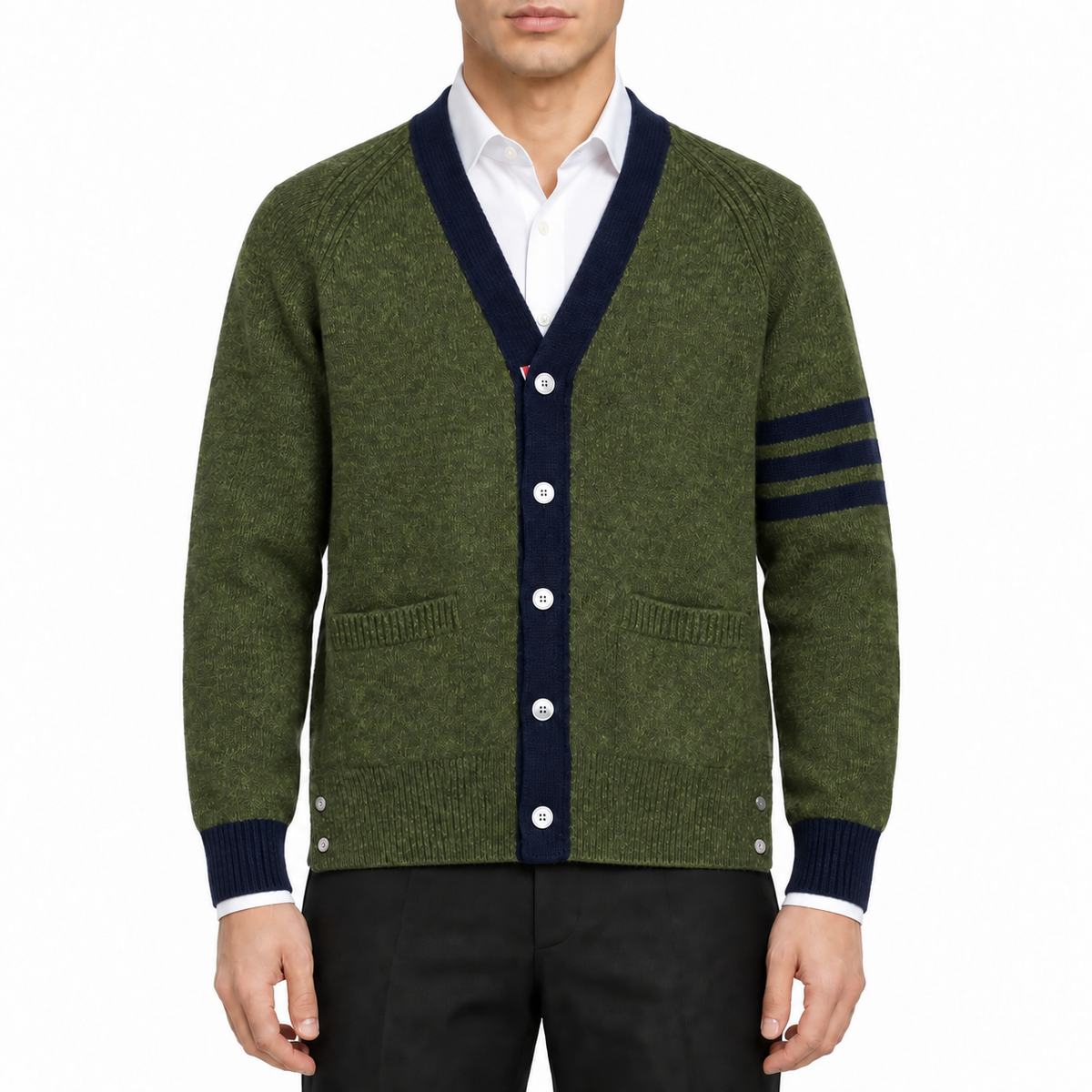 Unisex cardigan by Thom Browne, modeled on a pure white background