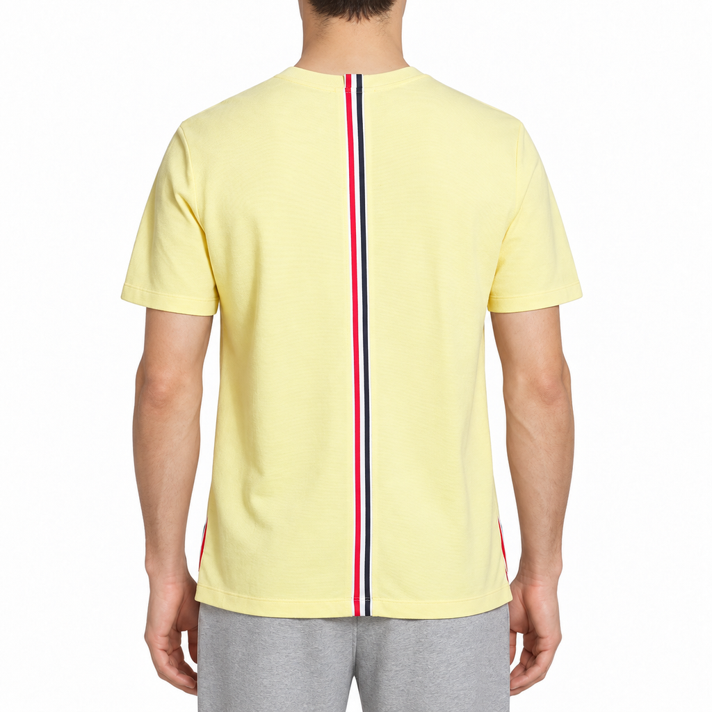 Casual crew neck T-shirt by Thom Browne, modeled on a pure white background