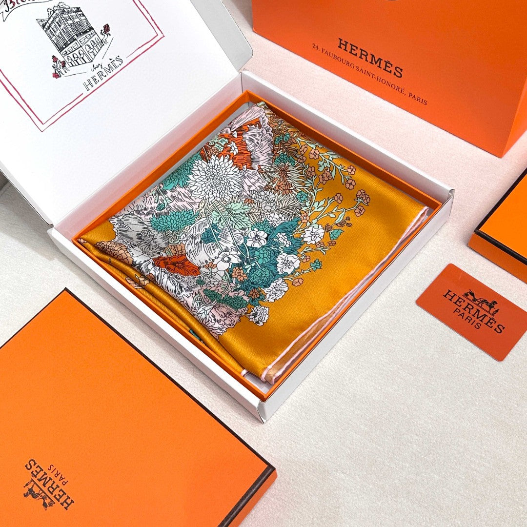Hermes Style Lightness in Bloom Silk Scarf - Orange - Detail Image 3