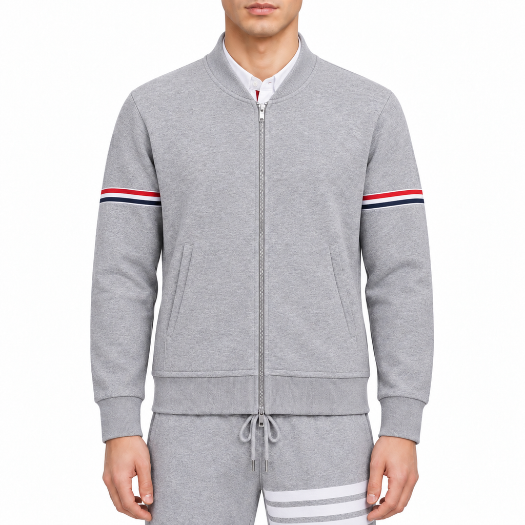 Men's Zipper Hoodie by Thom Browne, modeled on a pure white background