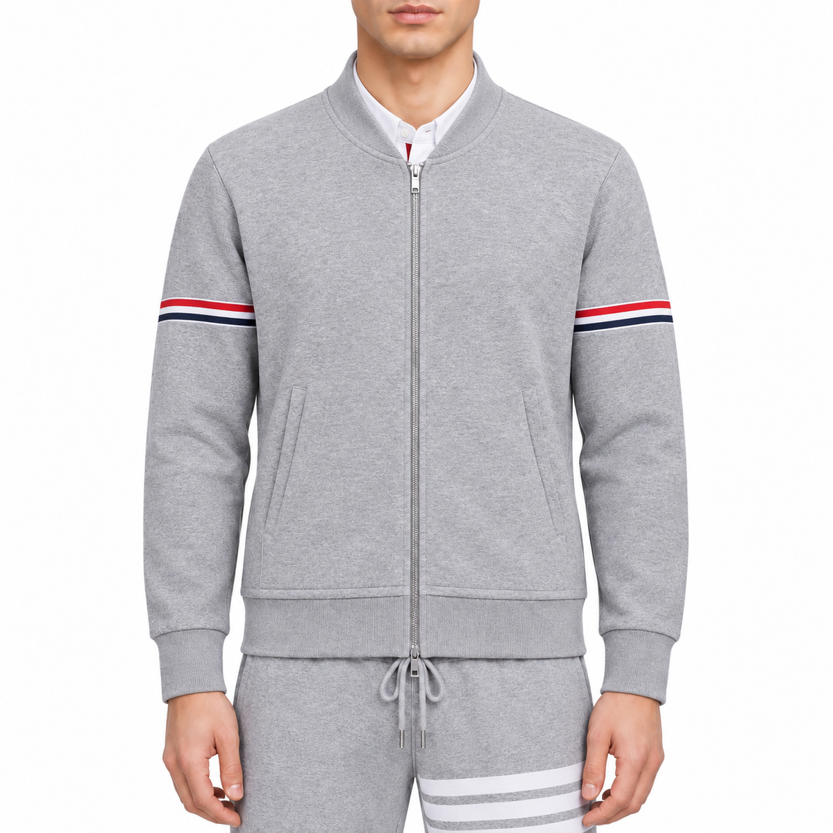 Men's Zipper Hoodie by Thom Browne, modeled on a pure white background