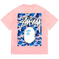 BAPE x Stussy Blue Camo Back Print Men's T-Shirt - Pink