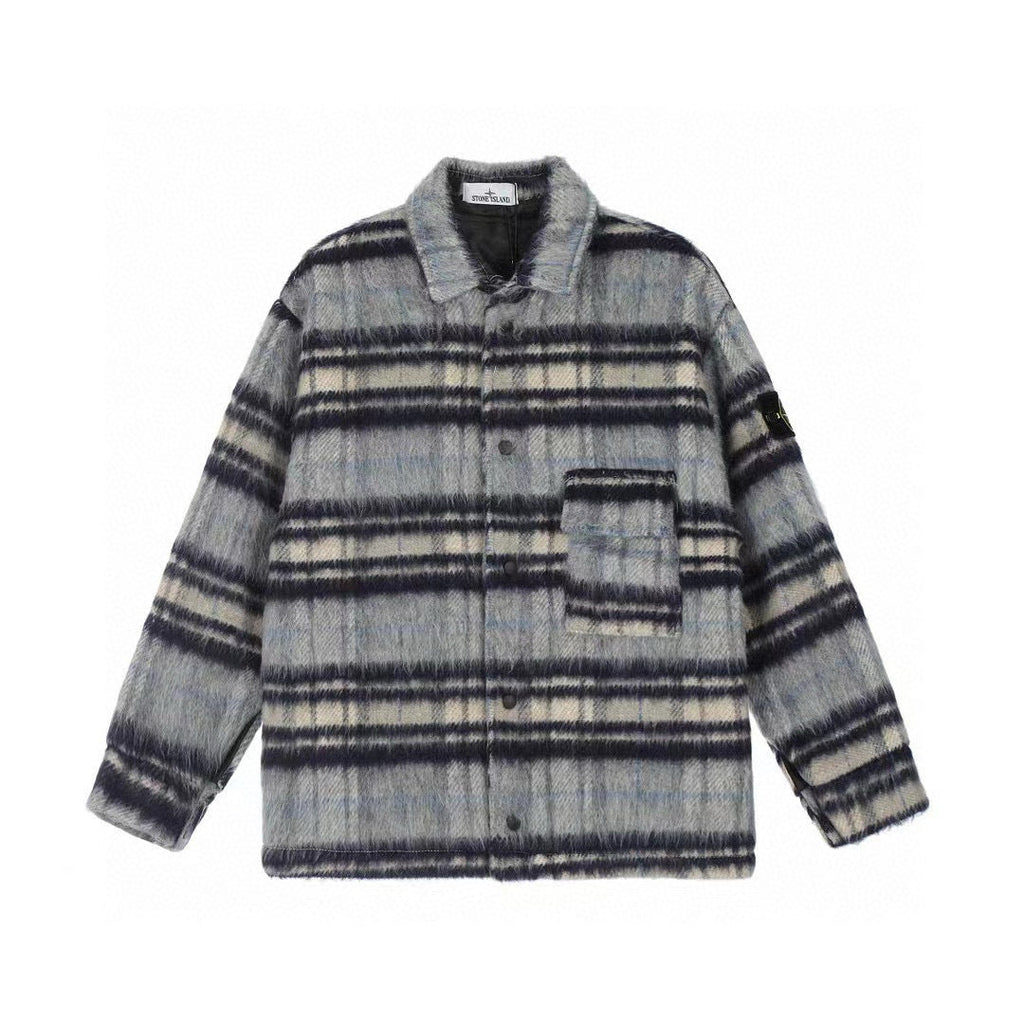 Stone Island Plaid Wool-Blend Compass Badge Lapel Coat - Blue front view