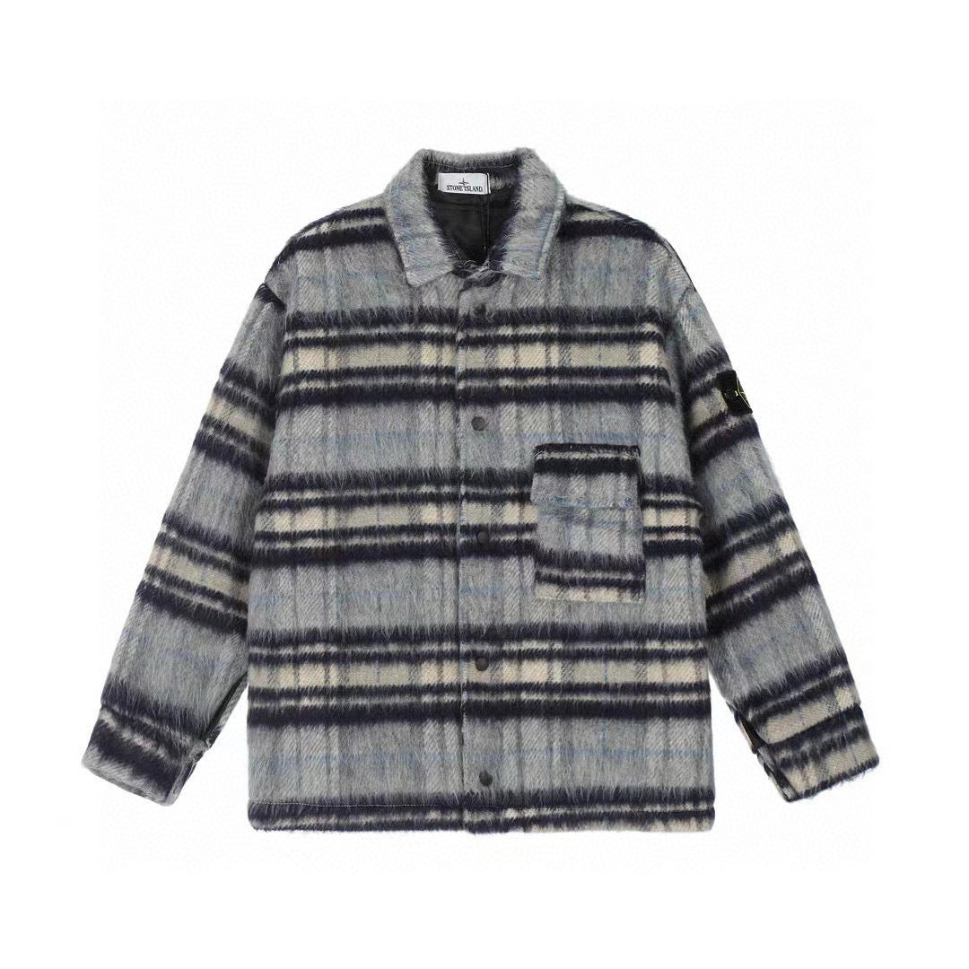 Stone Island Plaid Wool-Blend Compass Badge Lapel Coat - Blue front view