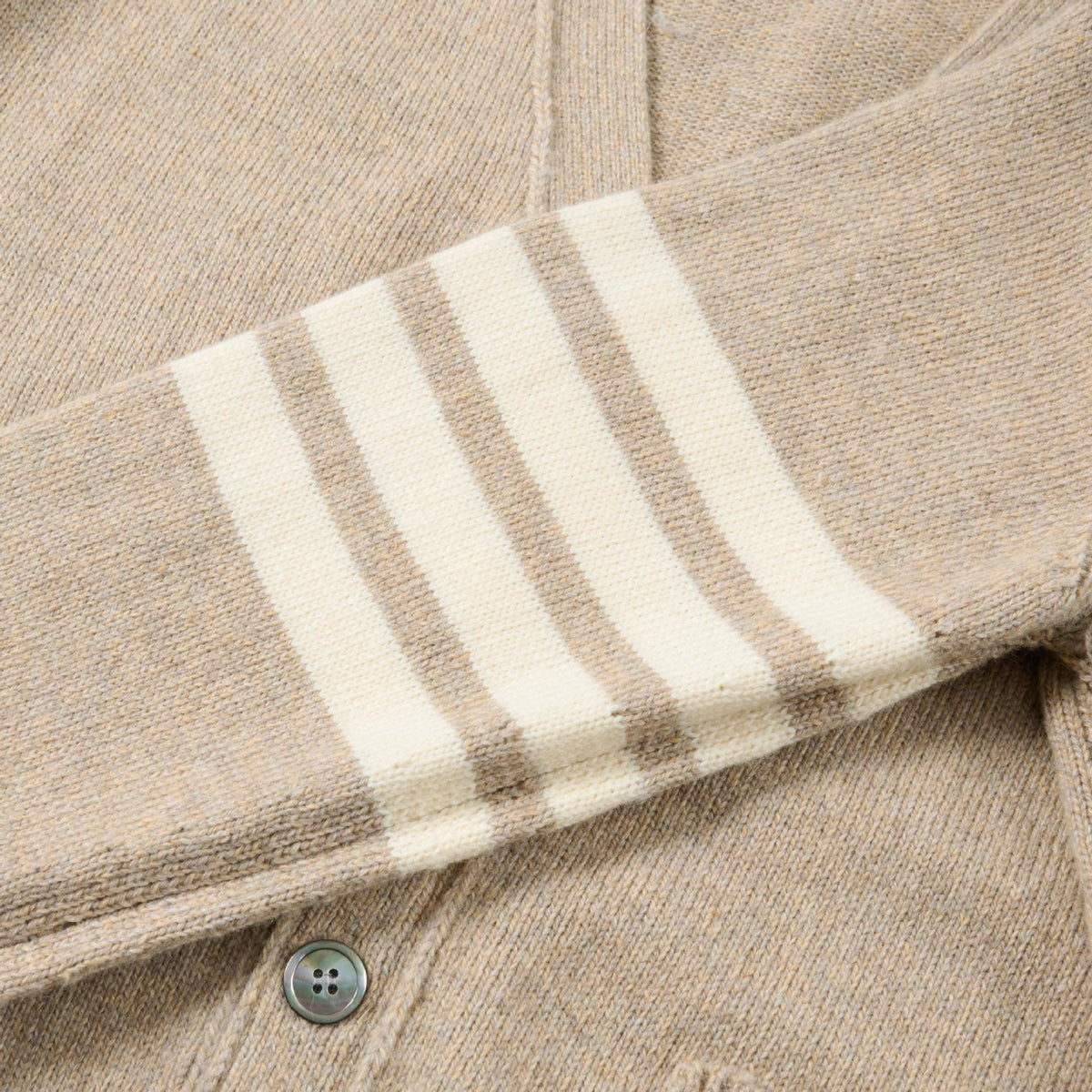 4 - Bar Premium Cotton V - Neck Cardigan - Classic Khaki Knit by Thom Browne, knitwear detail view